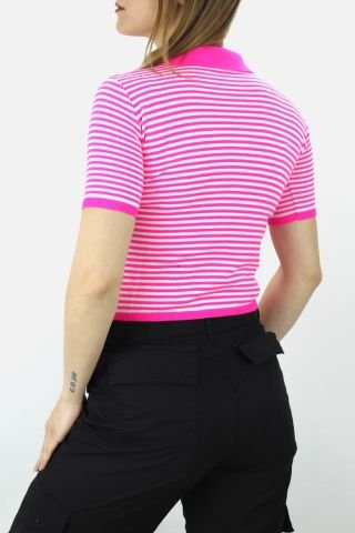 Polo Yaka Çizgili Tişört Fuşya - 140.055