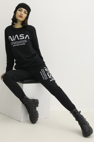 Nasa Baskılı Bisiklet Yaka Eşofman Takımı Siyah - P-019615