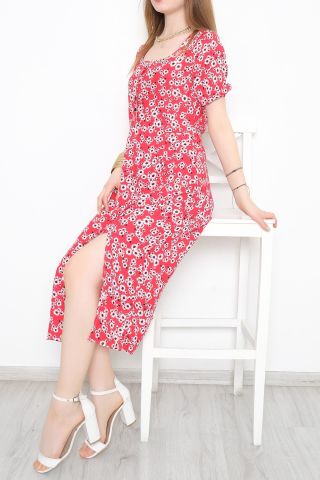 Kare Yaka Yırtmaçlı Elbise Kırmızıbeyaz - 10836.701.