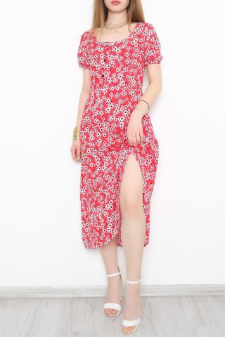 Kare Yaka Yırtmaçlı Elbise Kırmızıbeyaz - 10836.701.