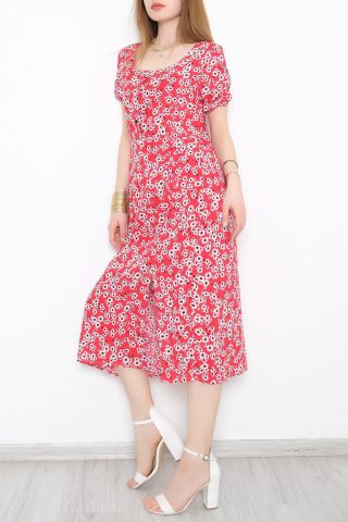 Kare Yaka Yırtmaçlı Elbise Kırmızıbeyaz - 10836.701.