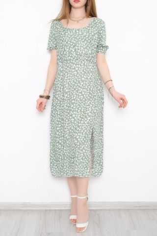 Kare Yaka Yırtmaçlı Elbise Yeşilbeyaz - 10836.701.