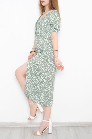 Kare Yaka Yırtmaçlı Elbise Yeşilbeyaz - 10836.701.