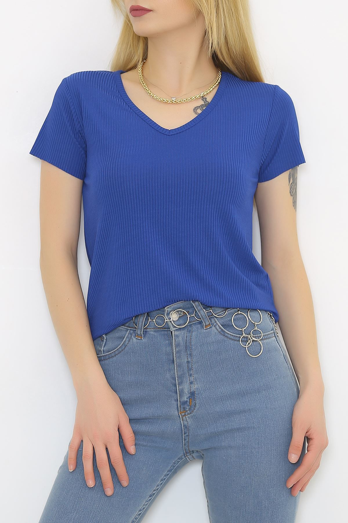 V Yaka Kaşkorse Tişört Saks - 1988.555.