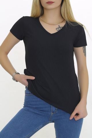 V Yaka Kaşkorse Tişört Siyah - 1988.555.