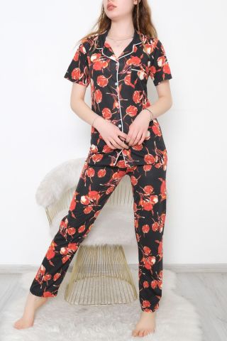 Düğmeli Pijama Takımı Siyahkırmızı - 10873.1048.