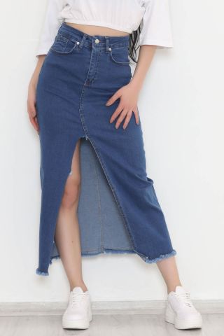 Yırtmaçlı Püsküllü Etek Mavi - 070.1184.