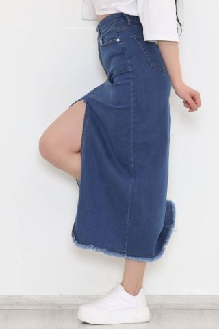 Yırtmaçlı Püsküllü Etek Mavi - 070.1184.