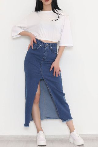 Yırtmaçlı Püsküllü Etek Mavi - 070.1184.