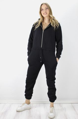 Bel Lastikli Kapşonlu Üç İplik Tulum Siyah - 181155.50