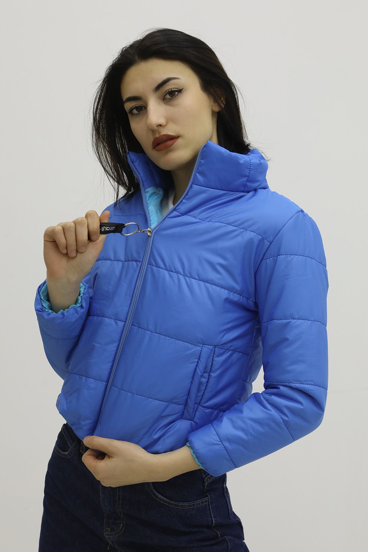 Fermuarlı Çift Cepli Şişme Mont SaksMavi - Lks9294