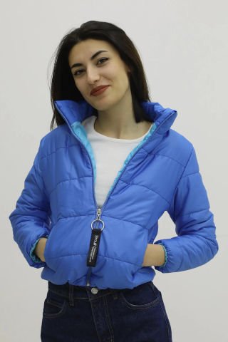 Fermuarlı Çift Cepli Şişme Mont SaksMavi - Lks9294