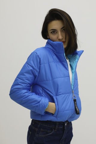 Fermuarlı Çift Cepli Şişme Mont SaksMavi - Lks9294