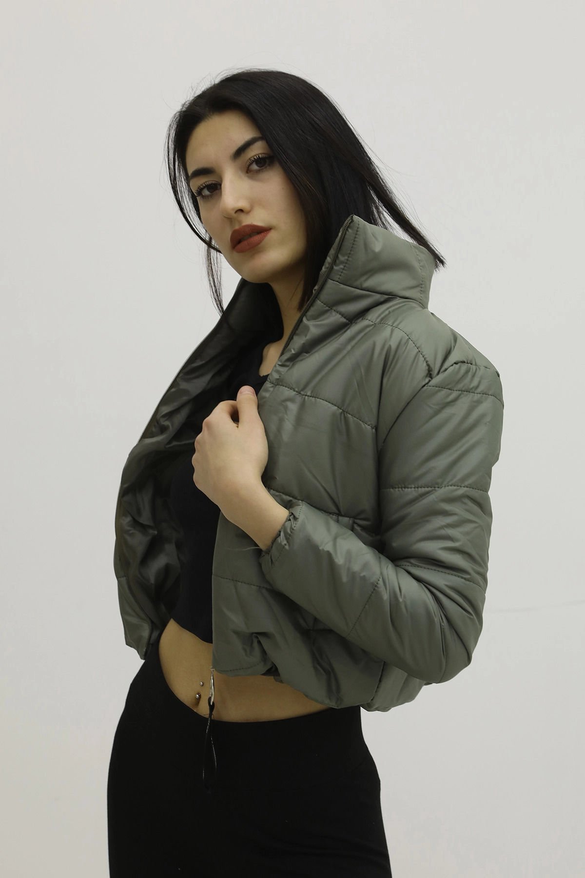 Fermuarlı Çift Cepli Şişme Mont Haki - Lks9294