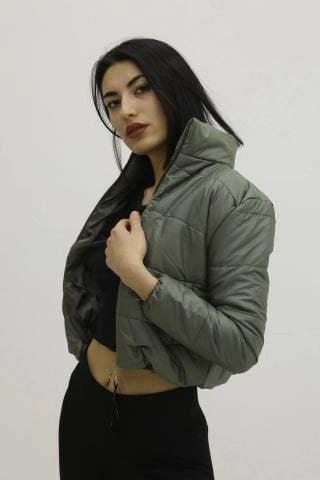 Fermuarlı Çift Cepli Şişme Mont Haki - Lks9294