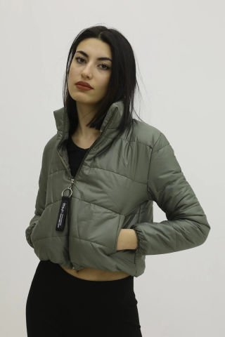 Fermuarlı Çift Cepli Şişme Mont Haki - Lks9294