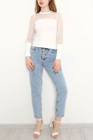 Tül Kollu Bluz Beyaz1 - 8621.224.