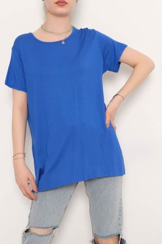 Yanı Yırtmaçlı Tişört Saks - 10658.1095.