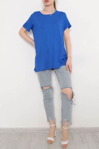 Yanı Yırtmaçlı Tişört Saks - 10658.1095.