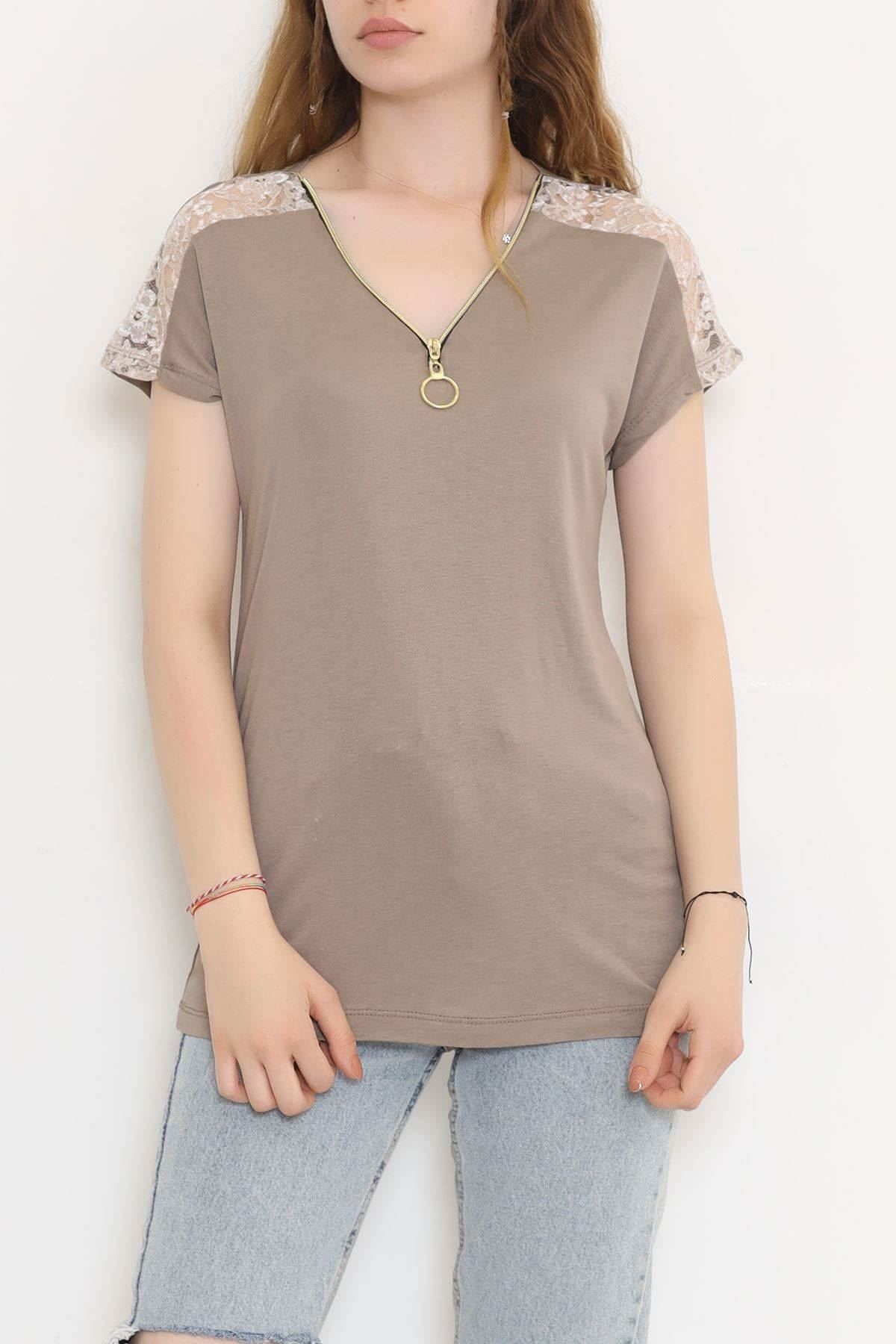 Omzu Dantelli Fermuarlı Bluz Açıkvizon - 11367.599.