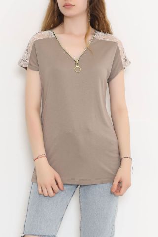 Omzu Dantelli Fermuarlı Bluz Açıkvizon - 11367.599.