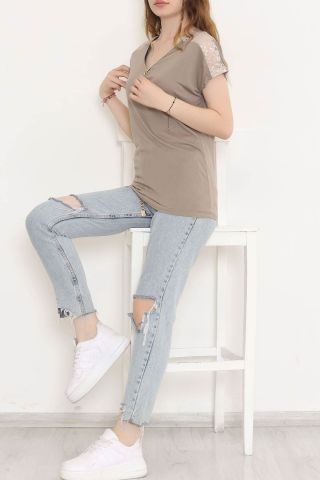 Omzu Dantelli Fermuarlı Bluz Açıkvizon - 11367.599.