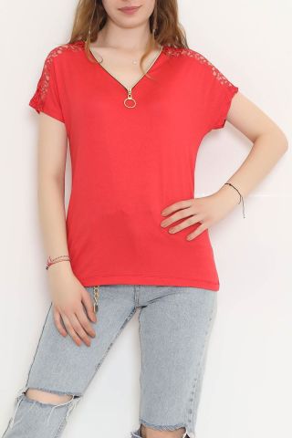 Omzu Dantelli Fermuarlı Bluz Kırmızı - 11367.599.