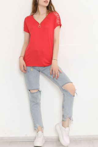 Omzu Dantelli Fermuarlı Bluz Kırmızı - 11367.599.