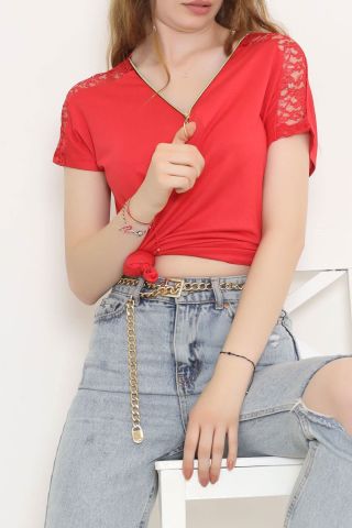 Omzu Dantelli Fermuarlı Bluz Kırmızı - 11367.599.