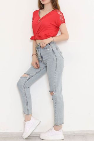 Omzu Dantelli Fermuarlı Bluz Kırmızı - 11367.599.