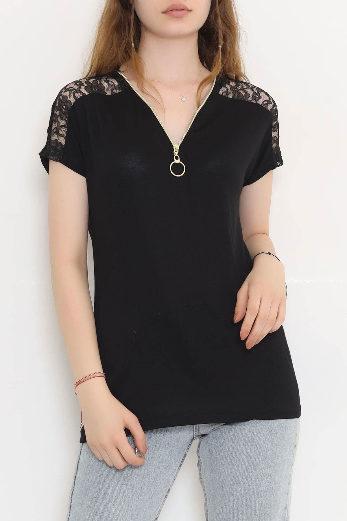Omzu Dantelli Fermuarlı Bluz Siyah - 11367.599.