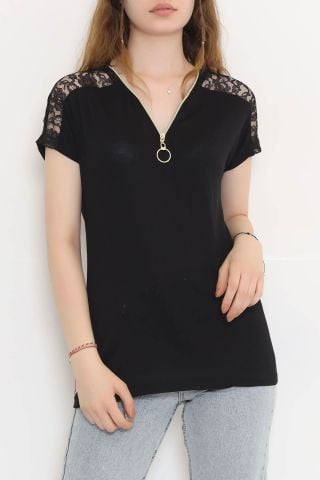 Omzu Dantelli Fermuarlı Bluz Siyah - 11367.599.
