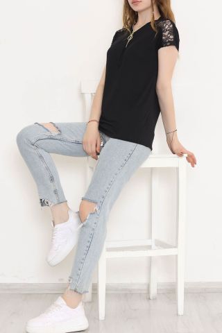Omzu Dantelli Fermuarlı Bluz Siyah - 11367.599.