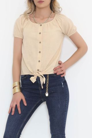 Bağcıklı Düğmeli Bluz Bej - 3042.1555.