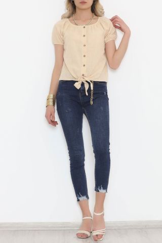 Bağcıklı Düğmeli Bluz Bej - 3042.1555.