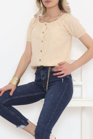 Bağcıklı Düğmeli Bluz Bej - 3042.1555.