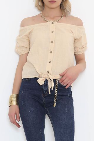 Bağcıklı Düğmeli Bluz Bej - 3042.1555.