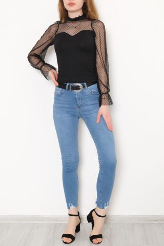 Kolu Tüllü Bluz Siyah - 10723.631.