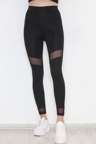 Diz Üstü Ve Paça Tül Detaylı Tayt Siyah - 11337.1098.