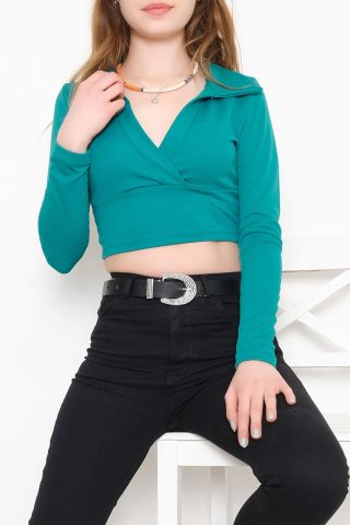 Polo Yaka Kruvaze Bluz Yeşil - 10608.631.