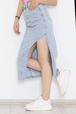 Yan Yırtmaçlı Kot Etek  Buzmavi - 11469.1431.
