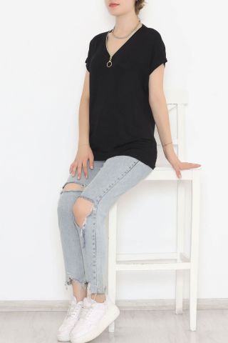 Fermuar Detaylı Bluz Siyah - 11688.102.