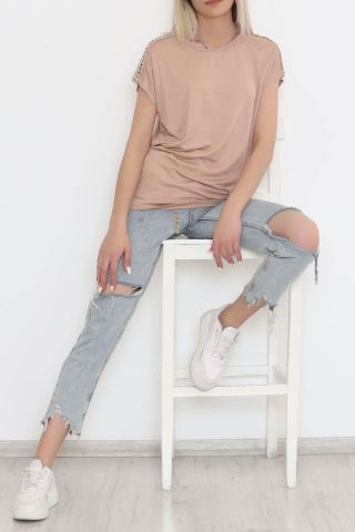 Omuz Taş Detaylı Bluz Vizon1 - 11689.102.