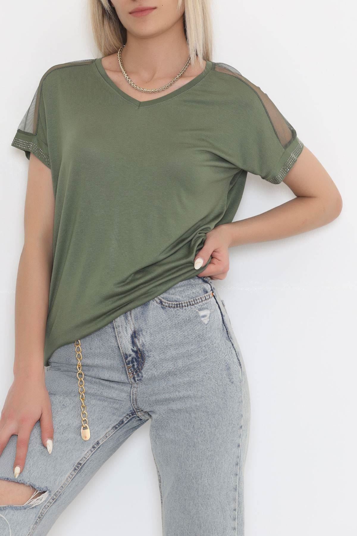 Omuz Tül Detaylı Bluz Haki - 11690.102.