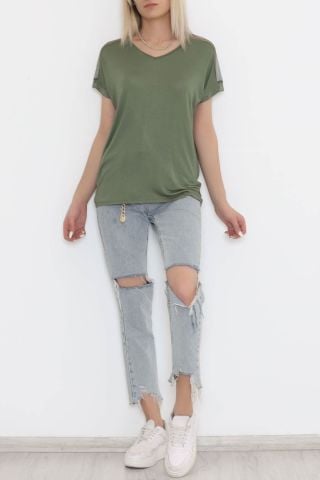 Omuz Tül Detaylı Bluz Haki - 11690.102.