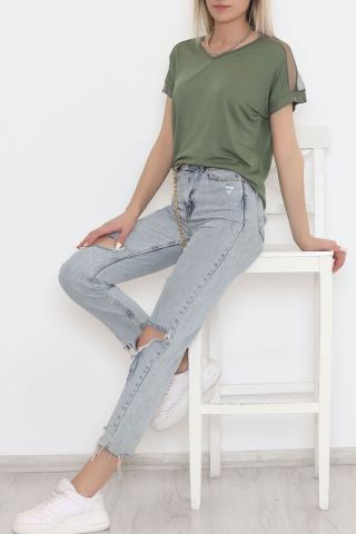 Omuz Tül Detaylı Bluz Haki - 11690.102.