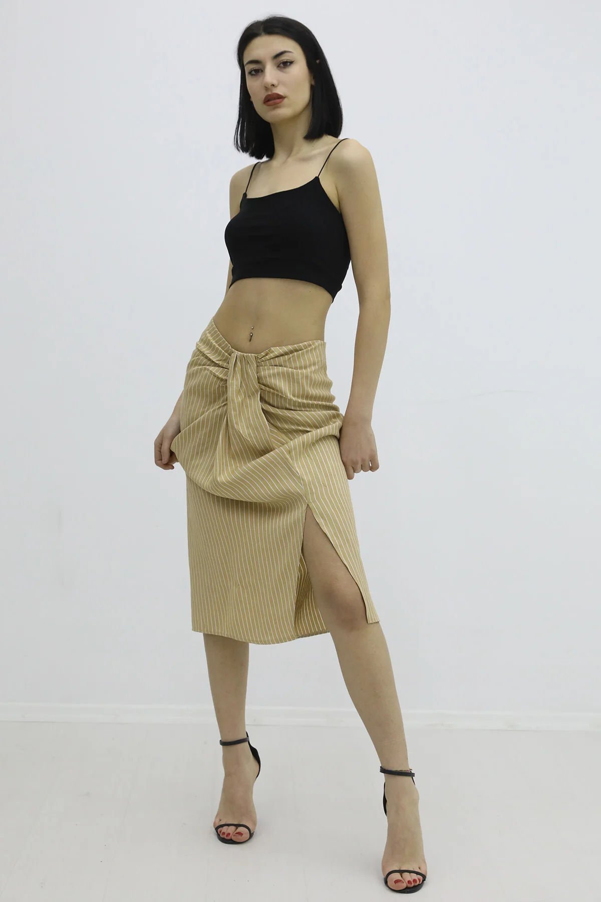 Önü Büzgülü Çizgili Etek Vizon - P-019846