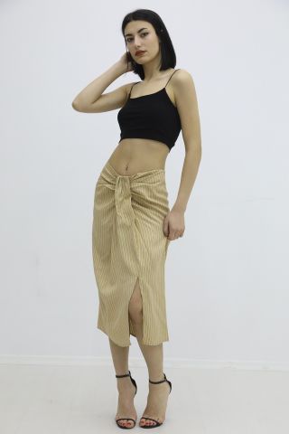 Önü Büzgülü Çizgili Etek Vizon - P-019846