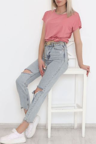 Omuz Taş Detaylı Bluz Pembe - 11689.102.