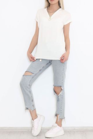 Fermuar Detaylı Bluz Ekru - 11688.102.